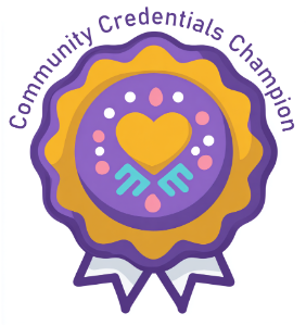 A purple and gold badge, stylized representation of a "best in show" type ribbon, topped with an arc of text reading "Community Credentials Champion". Badge art by VocalCat LLC, used with permission as part of the Community Credentials Canada promotional instance.