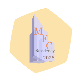 A tilted yellow hexagon tile, on which is superimposed a stylized high-rise cityscape with the text "M F C Residency 2026"