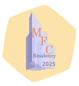 A tilted yellow hexagon tile, on which is superimposed a stylized high-rise cityscape with the text "M F C Residency 2025"