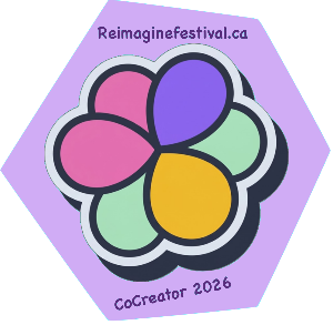 The logomark of the Reimaginefestival.ca platform. A wonky purple hexagon surrounds a flower-like arrangement of droplet or balloon shapes. Two layers of 3 droplets each connect at the points.